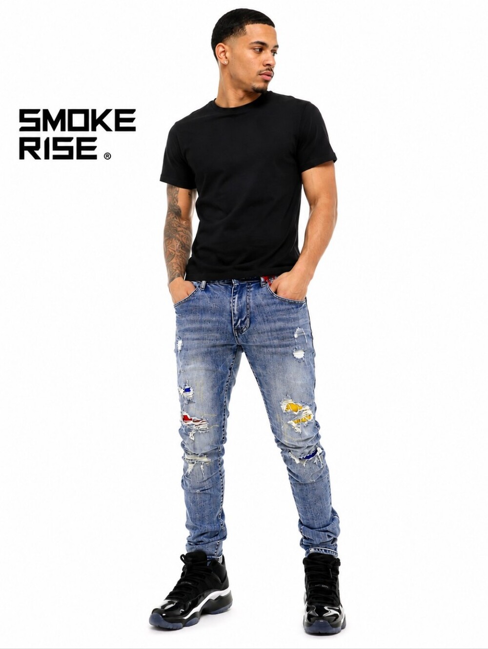 Smoke Rise Men's Distressed Light Wash Denim Jeans with Colored Patches